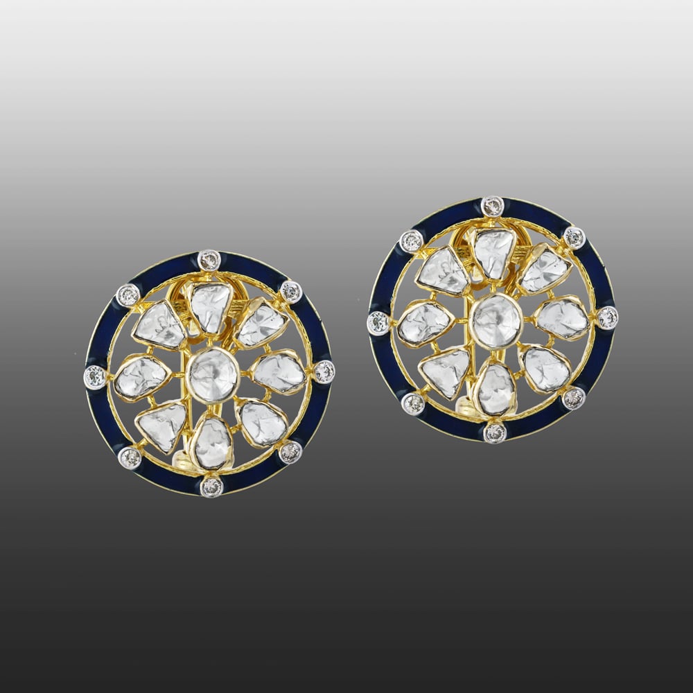 Round Polki Earrings with Blue Enamel and Diamonds